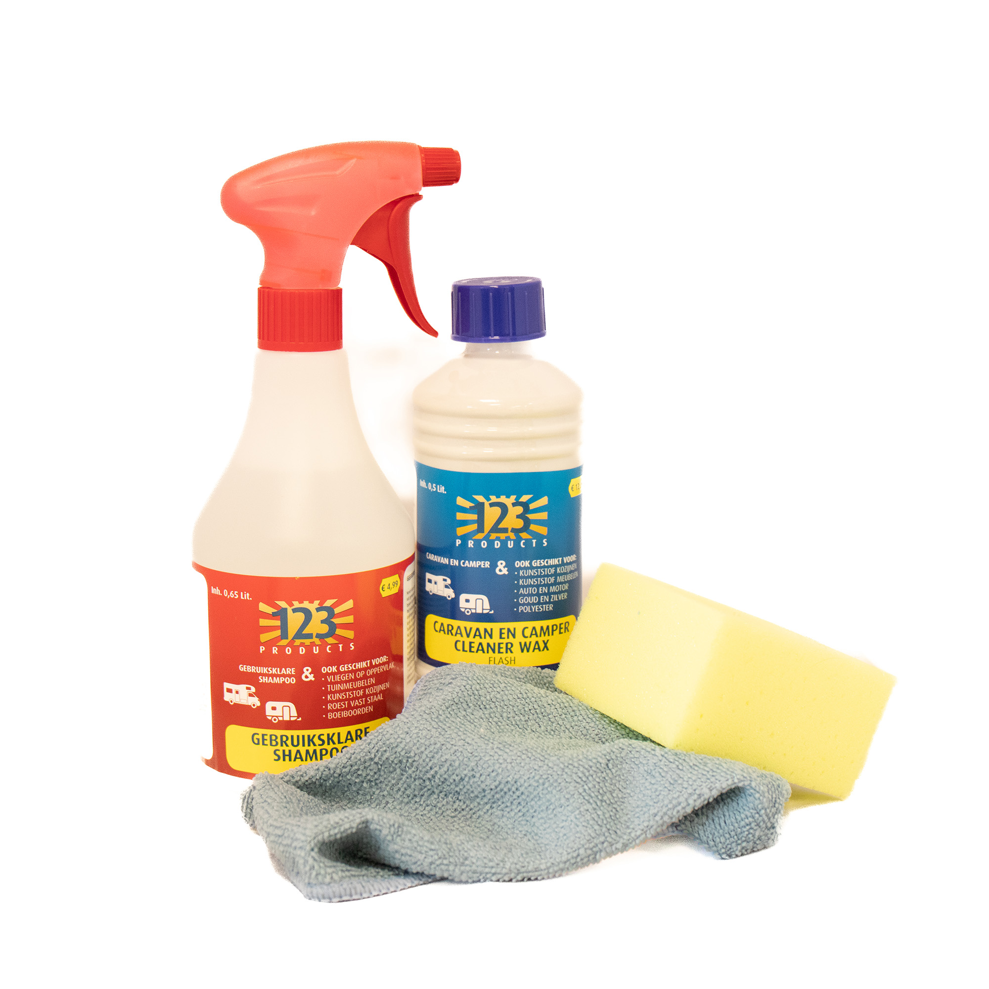 123 PRODUCTS Actiepakket Shampoo,Poets,Spons,Doekje Caravan